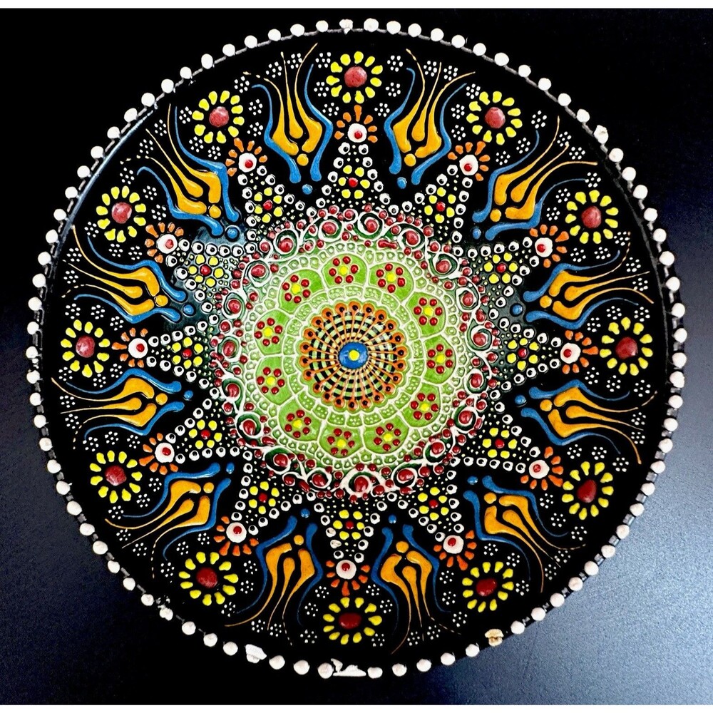 Vintage Turkish Kutahya Hand Painted Ceramic Tile Bowl Tulip Mandala 6.5"
